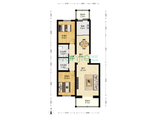 佳莲二期 2室2厅2卫 97平方