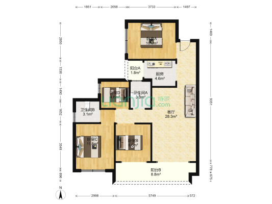 麓峰棕榈岛 4室1厅2卫 98平方