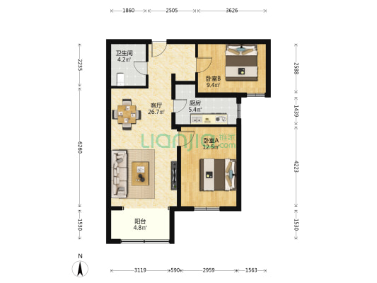 龙冠冠华苑紫薇园 2室1厅1卫 86平方