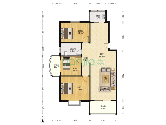 月梦园 3室1厅1卫 140平方