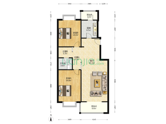 鑫瑞名苑 2室1厅1卫 114平方