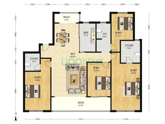 长沙润府B区 4室1厅3卫 188平方