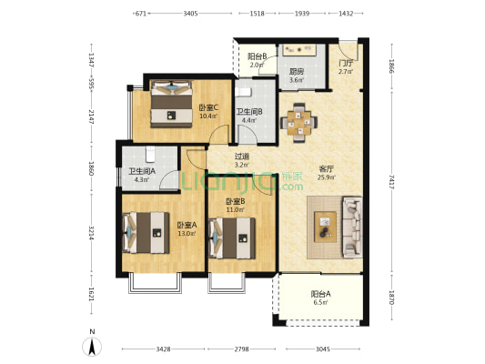 汇景丰华公馆 3室1厅2卫 106平方