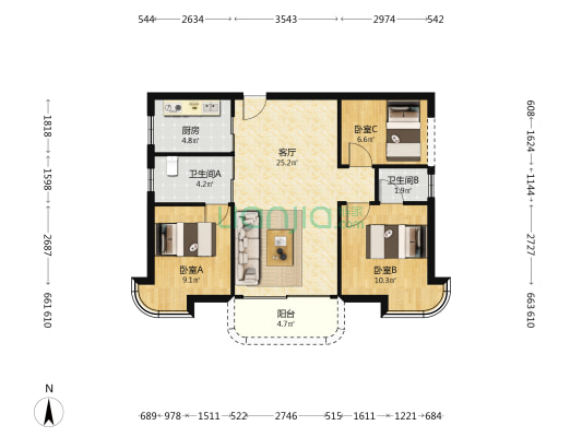 会展三润城 3室1厅2卫 86平方