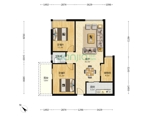 骏豪国际 2室1厅1卫 84平方