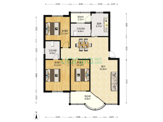 婺江新村北区 3室1厅2卫 107平方