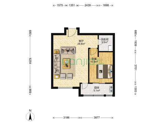 洛卡小镇林溪园 1室1厅1卫 63平方
