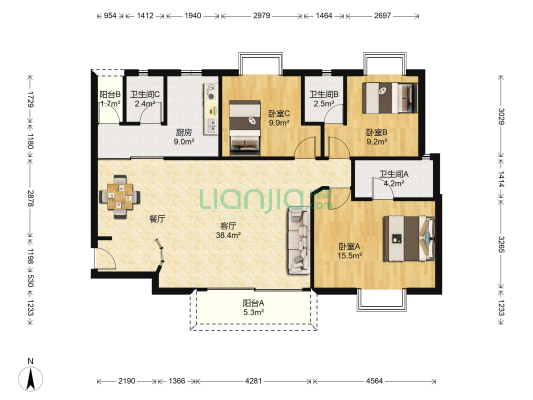 绿茵庭园 3室1厅3卫 127平方