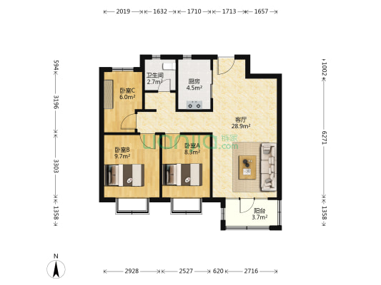 鲁能泰山7号一区 3室1厅1卫 95平方