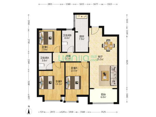 太奥广场住宅南区 3室1厅2卫 101平方