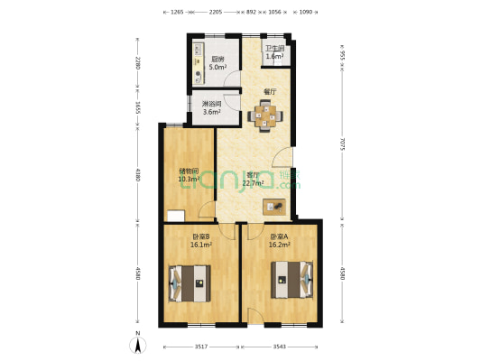 金贸花园 2室1厅2卫 93平方
