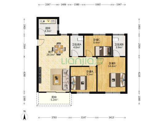 格力花园 3室1厅2卫 93平方