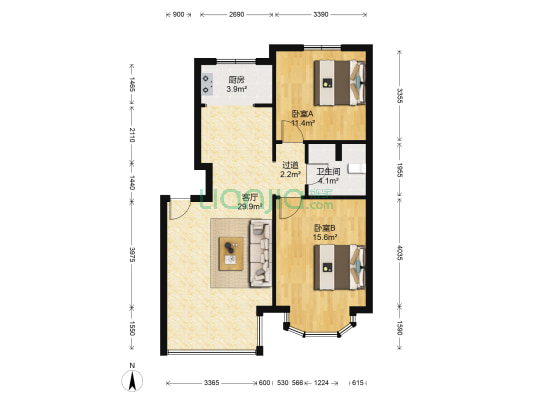 燕京新城 2室1厅1卫 86平方