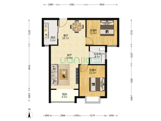 世耀东城 2室2厅1卫 91平方