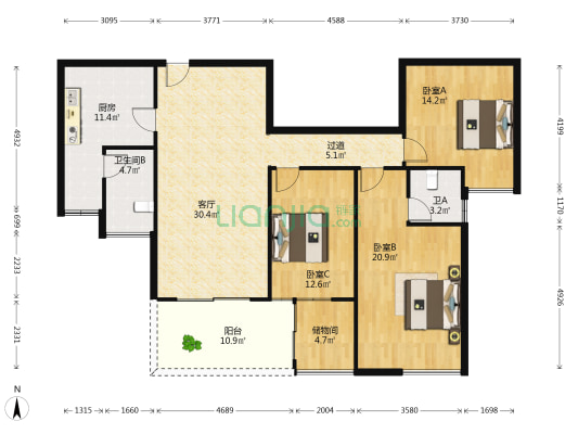 雅居乐国际花园一期 3室1厅2卫 136平方