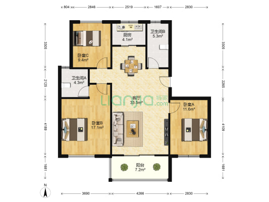 保亿风景大院 3室1厅2卫 116平方