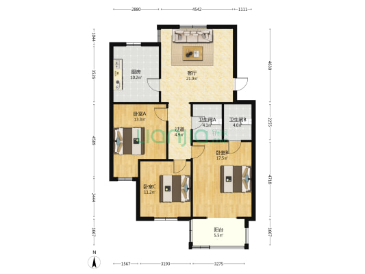 紫光苑 3室1厅2卫 96平方