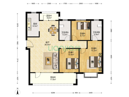 中南熙悦 3室1厅2卫 135平方
