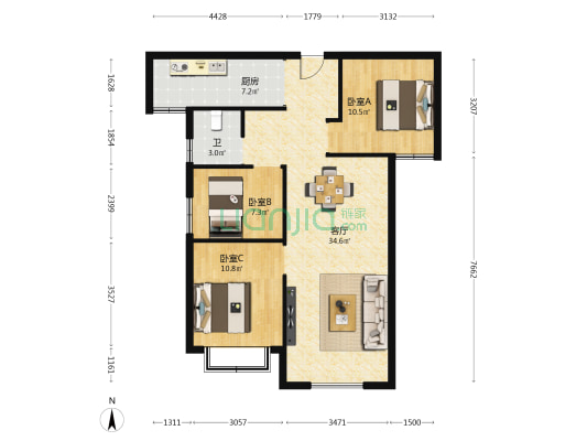万盛·新天地 3室1厅1卫 99平方
