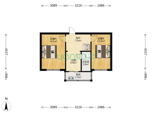 山西剧院宿舍 2室1厅1卫 56平方