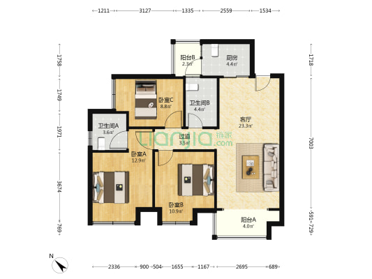 缤纷翡翠湾二期 3室1厅2卫 96平方
