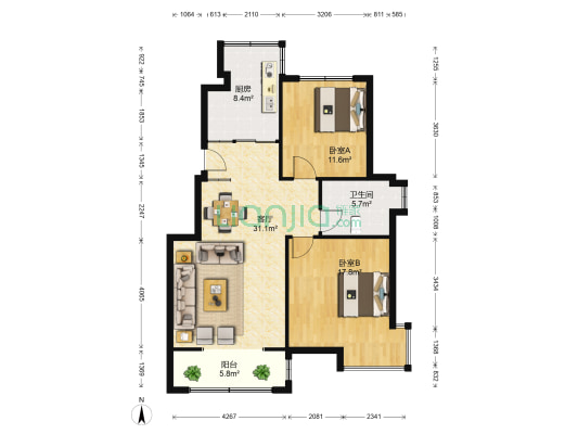 锦尚花苑 2室1厅1卫 94平方