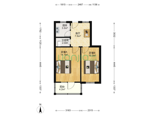 解放路213号 2室1厅1卫 50平方