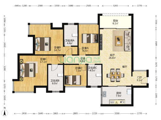 香海壹号 4室1厅3卫 126平方