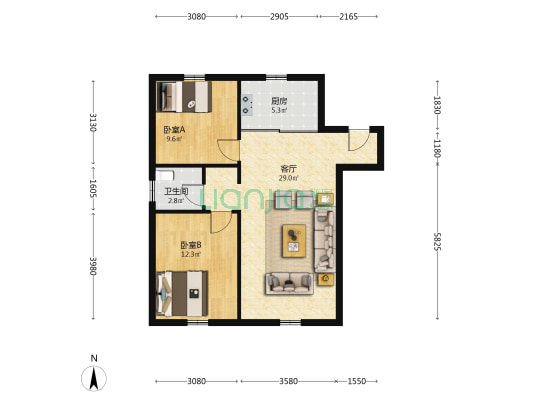 中海万锦公馆 2室1厅1卫 85平方