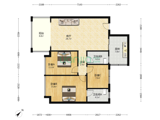 深业泰然成都怡湖珑园 3室1厅2卫 106平方