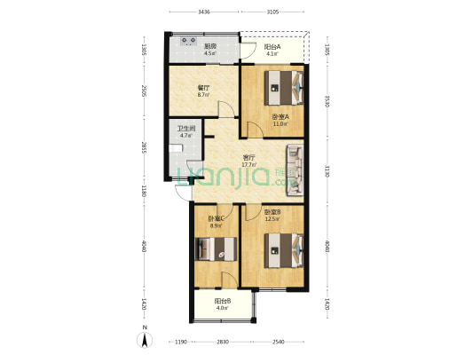 二建小区 3室2厅1卫 90平方