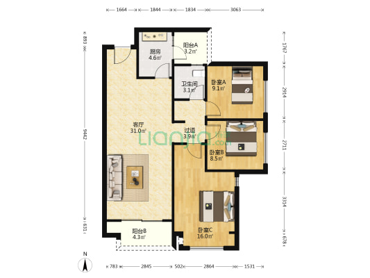 荣盛观云郡云珑组团 3室1厅1卫 103平方