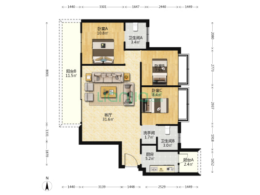 锦利锦御府 3室1厅3卫 115平方