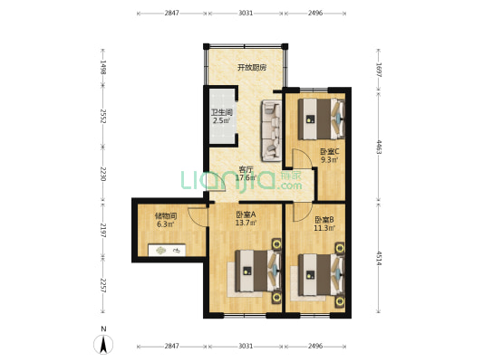 陵西干休所 3室1厅1卫 77平方