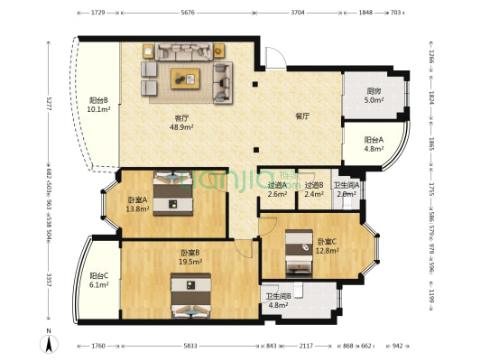 宝海高级公寓 3室1厅2卫 140平方