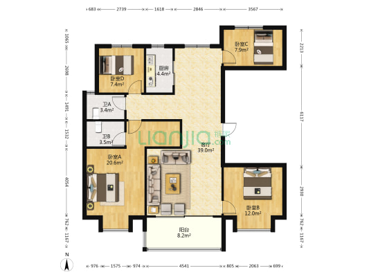 新郑碧桂园1号院 4室1厅2卫 140平方