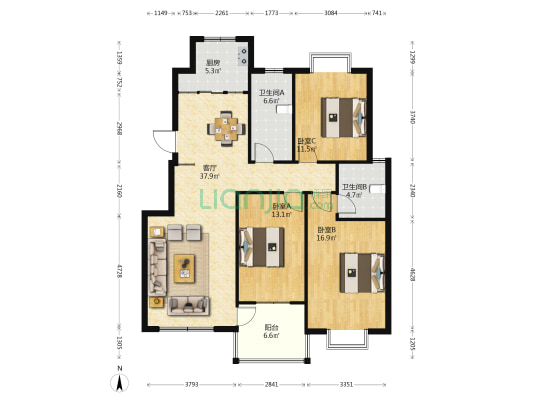 爱家紫薇苑小区 3室1厅2卫 124平方