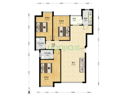 川化怡湖春天 3室1厅2卫 99平方