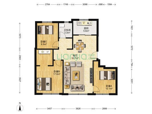 朗诗中福翡翠澜湾朗泓园 3室1厅1卫 107平方
