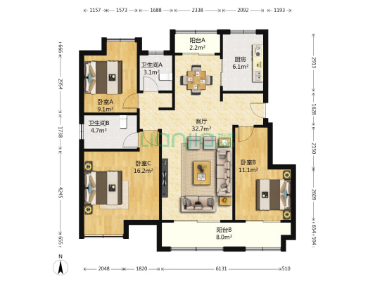 鹿山雅苑 3室1厅2卫 116平方