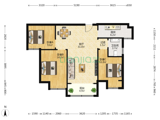 林语美墅 3室1厅1卫 108平方
