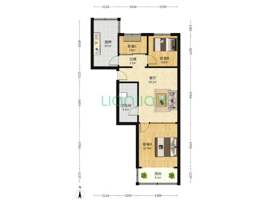 铁路小区(大港三路8号) 3室1厅1卫 74平方