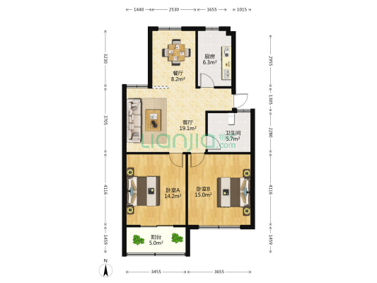 大叶池小区南区 2室2厅1卫 90平方