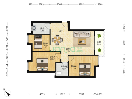 襄阳天下 3室1厅1卫 104平方