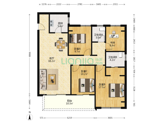 天鹅港华庭三区 4室1厅2卫 130平方