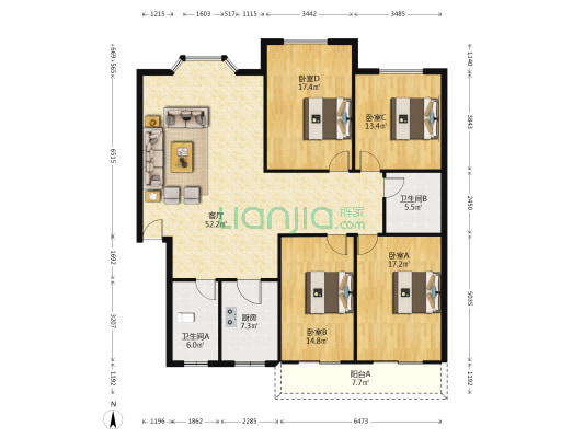 光明街252号院 4室1厅2卫 159平方