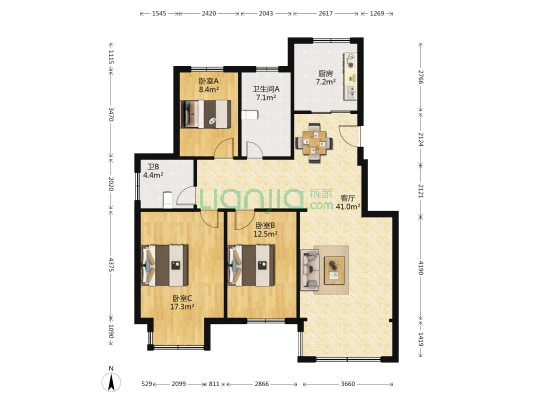 兴旺花苑 3室1厅2卫 126平方