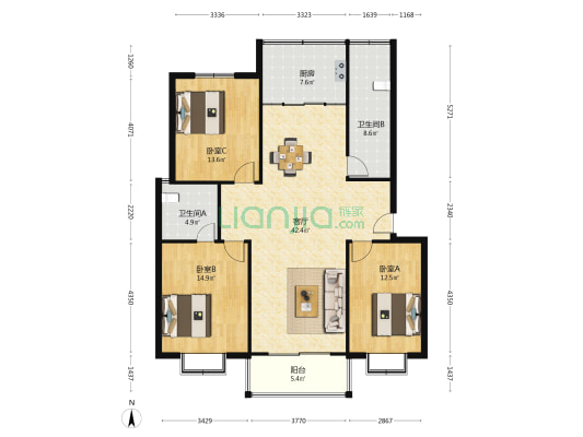 天赐良园 3室1厅2卫 128平方
