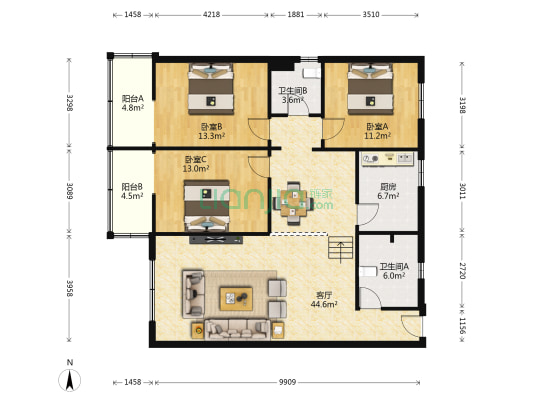 南新大厦 3室1厅2卫 120平方