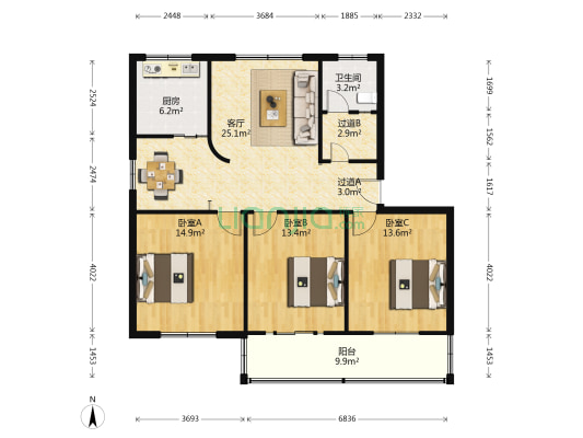 黄河花园十六地块 3室1厅1卫 118平方